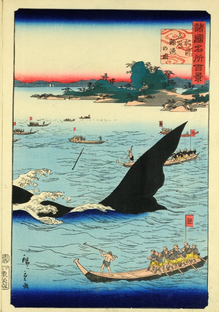「諸国名所百景　五嶋鯨魚ノ図」（歌川広重、大英博物館 ）の画像。